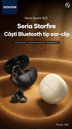 Căști Bluetooth SENDEM S20 Spark Series, ear-clip, Bluetooth 5.4, autonomie până la 6 ore, carcasă 230mAh, control tactil