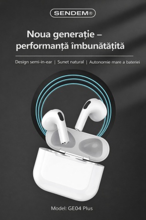 Căști wireless SENDEM GE04 Plus Bluetooth 5.1, control touch, detectare în ureche, încărcare wireless Qi, autonomie 4.5h