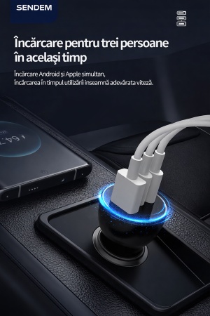 Incarcator auto rapid SENDEM D18 200W, 3 porturi, 2x USB-C PD 30W + 1x USB QC 18W, fast charge