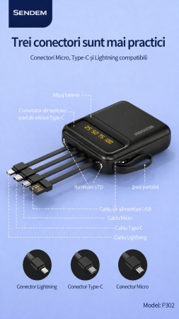 Power Bank SENDEM P302 10000mAh cu Cabluri Integrate, Afisaj LED, Lanterna LED