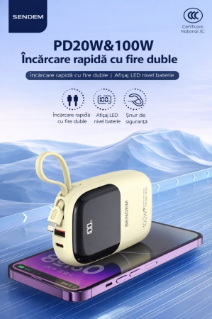 Power Bank SENDEM PH116 10000mAh 100W cu Afisaj LED si Cabluri Integrate