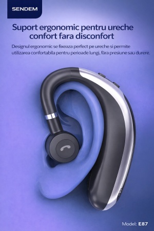 Cască Bluetooth SENDEM E87, handsfree cu cârlig rotativ 180°, autonomie până la 13 ore, compatibilă stânga/dreapta