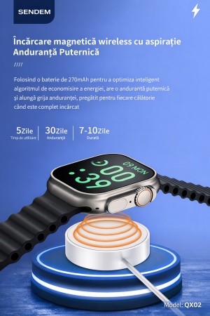 Ceas smartwatch SENDEM QX02 GW8 Ultra, 2.2 inch, NFC, monitorizare ritm cardiac, incarcare magnetica, negru/portocaliu/alb