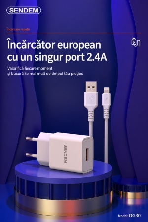 Încărcător rețea SENDEM OG30, 2.4A, port USB, mufă europeană, cablu Lightning inclus