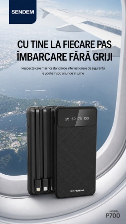 Power bank SENDEM P700 negru, 10000mAh, cabluri integrate Micro USB / Type-C / Lightning, afișaj LED, încărcare simultană