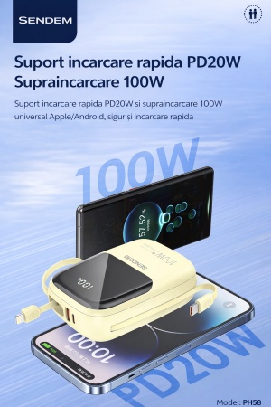 Power Bank SENDEM PH58 20000mAh 100W cu Cabluri Integrate si Afisaj Digital