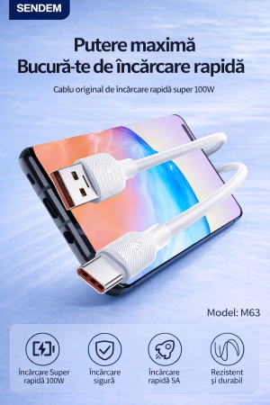 Cablu de date si incarcare rapida SENDEM USB la Type-C 25 cm, 100W, 5A, 480Mbps, alb