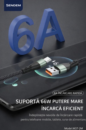 Cablu încărcare rapidă SENDEM M37-2M, 3 în 1, USB-A to Type-C / Lightning / Micro-USB, 6A, 66W, 2 metri, textil împletit