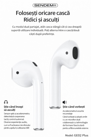 Căști Wireless SENDEM GE02 Plus, Bluetooth 5.1, control tactil, autonomie 3.5 ore, carcasă de încărcare