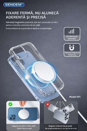 Incarcator wireless magnetic SENDEM W5 15W, Qi, ultra subtire 5.4mm, USB-C, argintiu