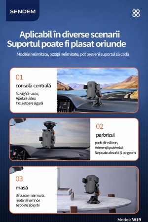 Suport auto telefon SENDEM W19 cu ventuza, rotatie 360°, compatibil 3.5-7 inch, negru