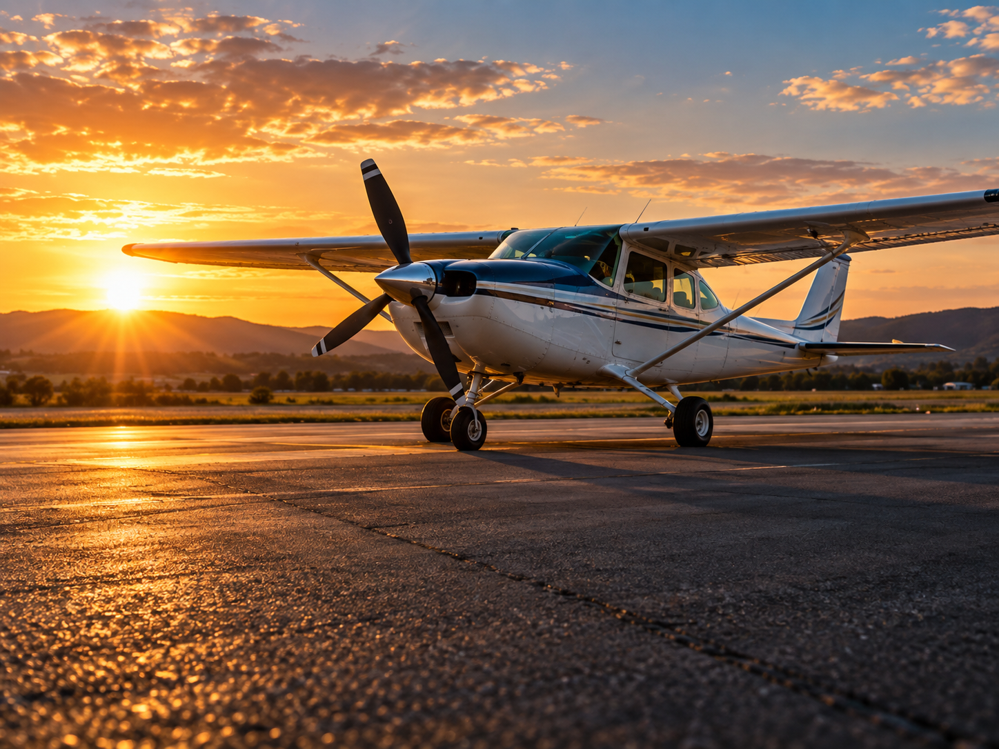 Avion Cessna pe pistă, la apus