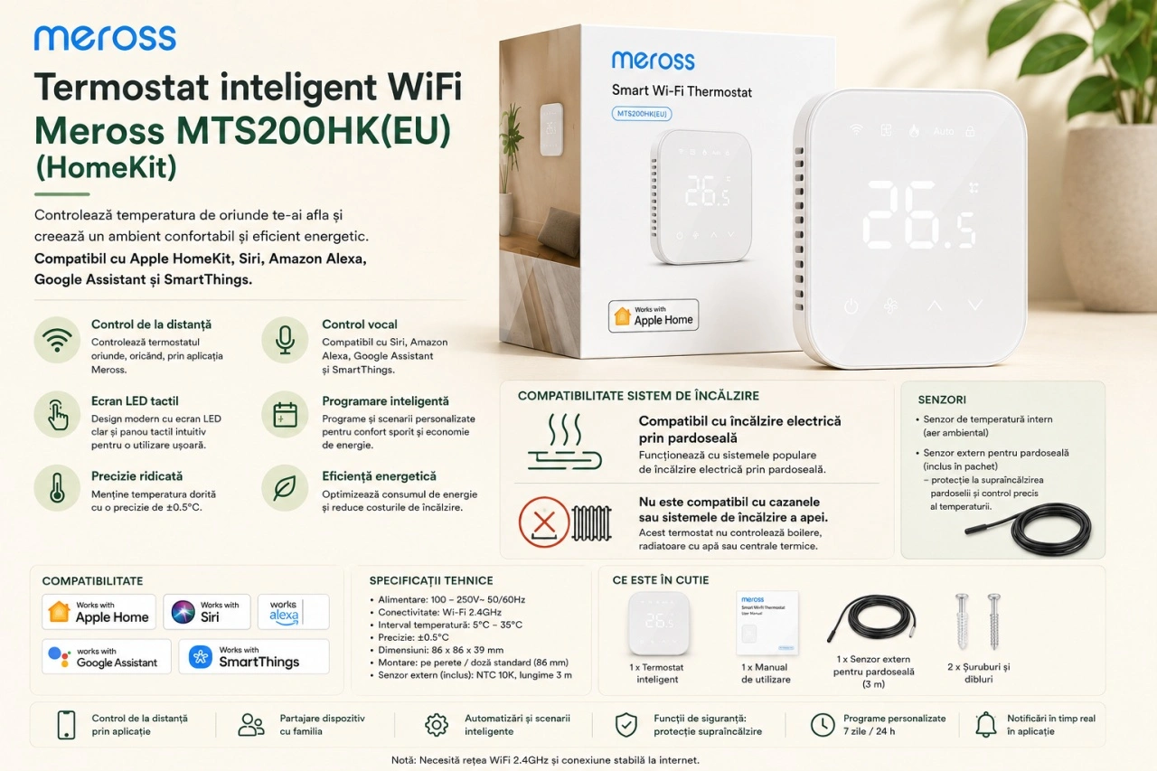 Meross MTS200HK(EU) – caracteristici, control Wi-Fi, compatibilitate Apple HomeKit și încălzire electrică în pardoseală