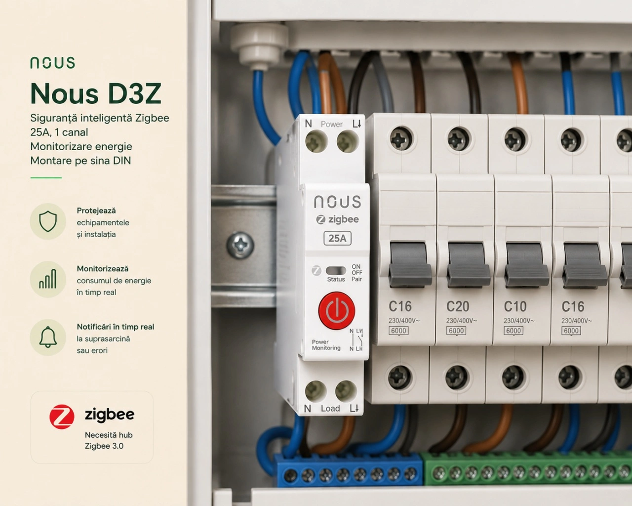 Nous D3Z montat pe șină DIN într-un tablou electric – exemplu de instalare