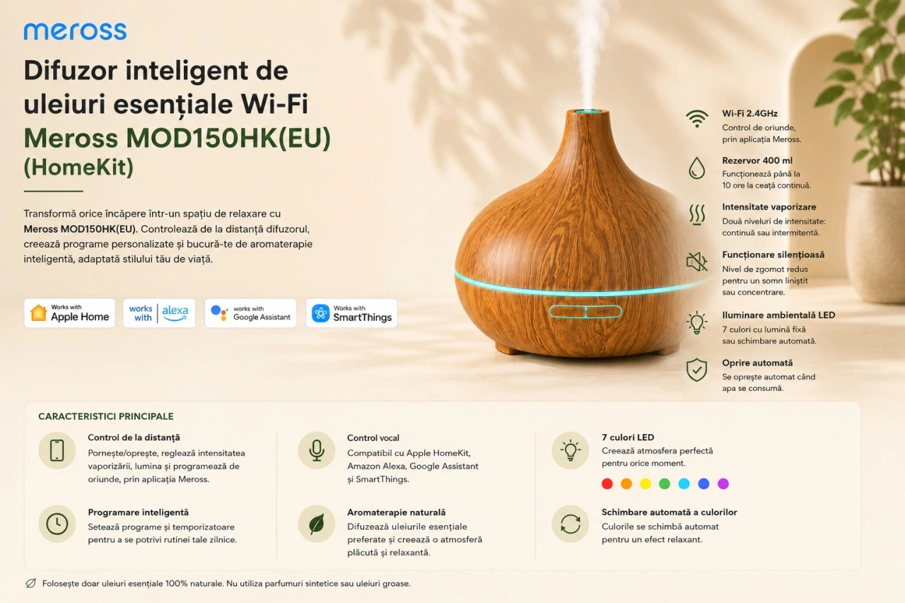 Meross MOD150HK(EU) – caracteristici, rezervor 400 ml, difuzare ultrasonică și control inteligent Wi-Fi