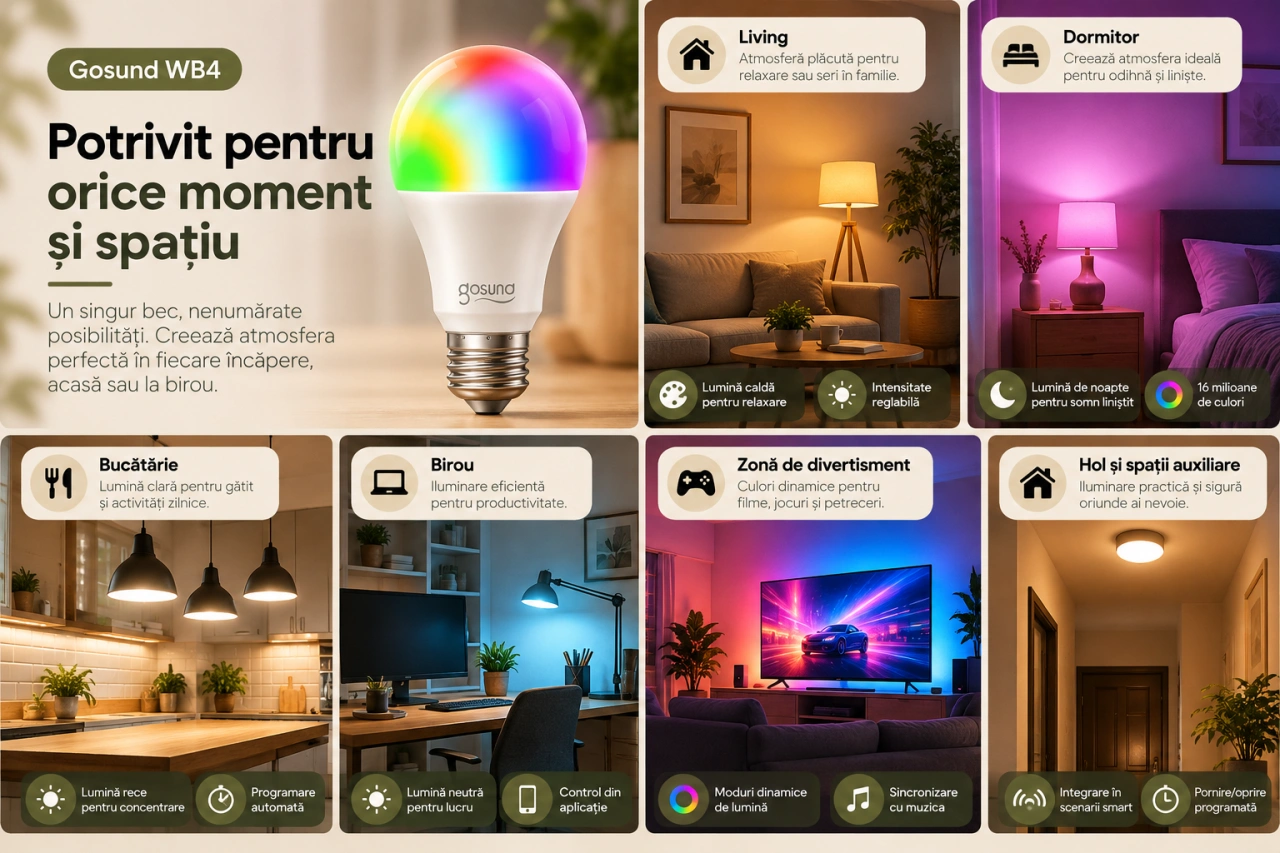Gosund WB4 - exemple de utilizare a becului inteligent RGB in diferite incaperi