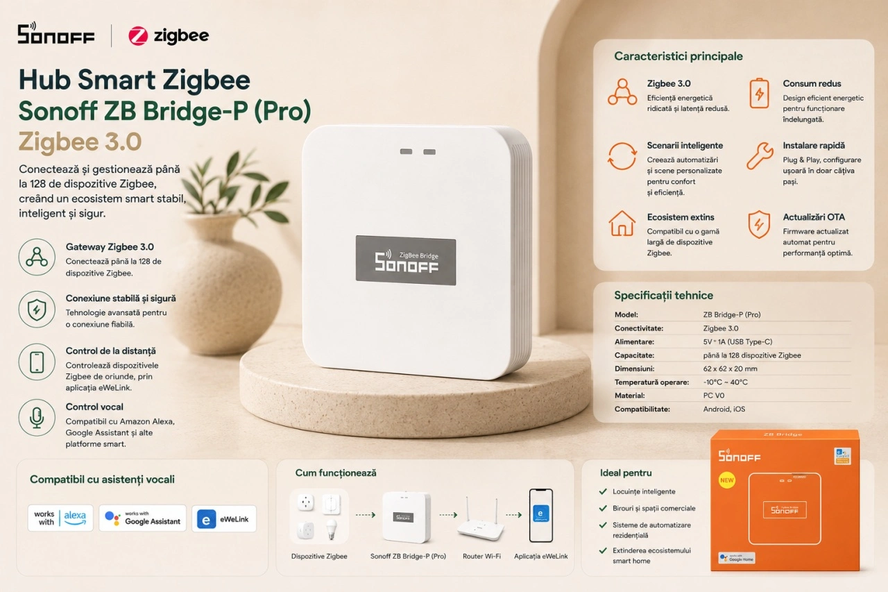 Sonoff Zigbee Bridge Pro – caracteristici, conectivitate Wi-Fi și Zigbee