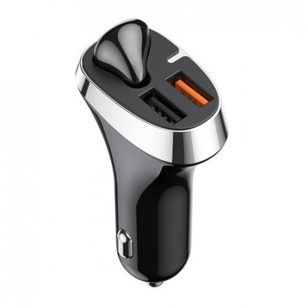 Încărcător auto + cască Bluetooth JoyRoom, 2x USB QC3.0, 30W (negru)