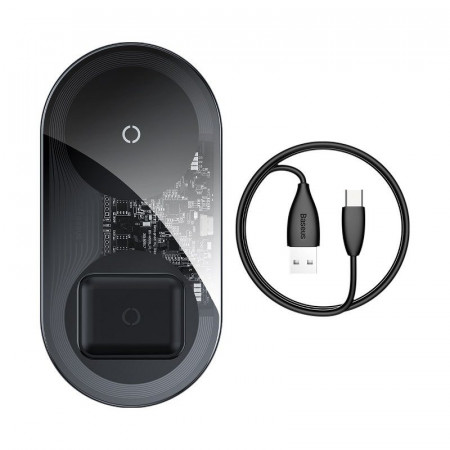 Incarcator wireless Qi 2in1 Baseus Simple 18W pt telefon si Apple Airpods (transparent)