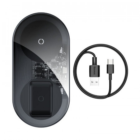 Incarcator wireless Qi 2in1 Baseus Simple, 15W pt telefon si Apple Airpods Pro (transparent)