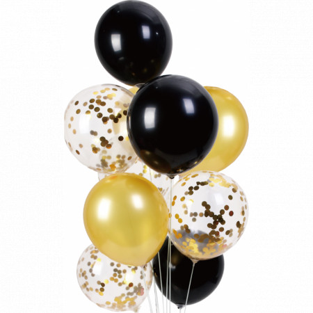 Set 10 baloane mix negru auriu si transparent cu confetti 30cm