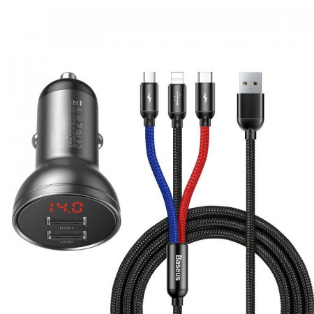 Incarcator auto Baseus Digital Display 24W + cablu USB 3in1 Baseus Three Primary Colors 1,2m