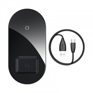 Incarcator wireless Qi 2in1 Baseus Simple 15W pt telefon si Apple Airpods (negru) - Img 1