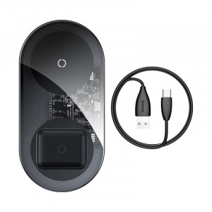 Incarcator wireless Qi 2in1 Baseus Simple 18W pt telefon si Apple Airpods (transparent) - Img 1
