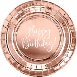 Set 6 farfurii de unica folosinta roz auriu Happy Birthday 18 cm - Img 1