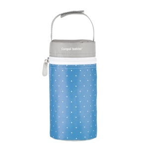 Izolator din material moale pentru biberoane, Canpol babies®, imprimat buline, albastru/gri