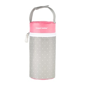 Izolator din material moale pentru biberoane, Canpol babies®, imprimat buline, gri/roz - Img 2