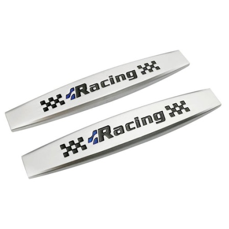 Set 2 x Embleme auto metalice, autoadezive, model "RACING", finisaj Crom, dimensiune, 10 x 1,5 cm