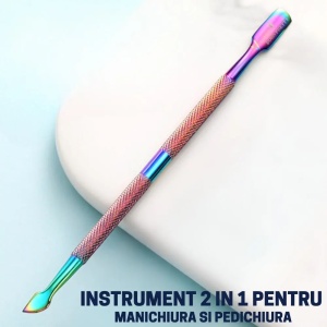 Instrument pentru impingere cuticule si curatare, cu doua capete varf drept/inclinat multicolor - Img 3
