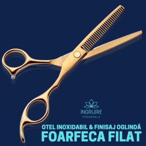 Set profesional pentru frizerie format din foarfece pentru tuns si filat 6'', brici cu lama interschimbabila si pieptan, Royal Gold - Img 4