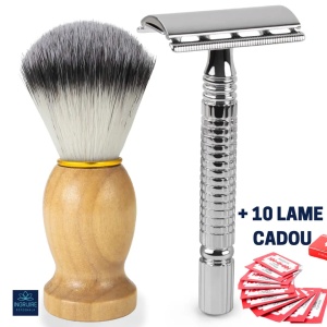 Set pentru barbierit din aparat de ras clasic Safety razor si pamatuf cu maner din lemn