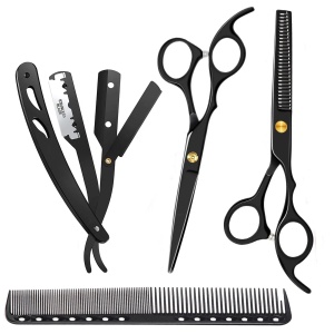 Set profesional pentru frizerie format din foarfece pentru tuns si filat 6'', brici cu lama interschimbabila si pieptan, Matte Black