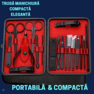 Trusa manichiura profesionala 18 piese, otel negru mat