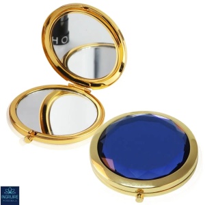 Oglinda de poseta, cristal decorativ albastru, auriu, 7 cm, lupa x3