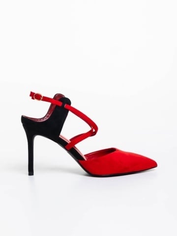 Saleena piros női magassarkú cipő textil anyagból - Img 4
