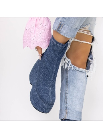 Samata sötét kék női bokacsizma platformmal textil anyagból - Img 2