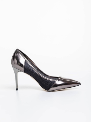 Tanishka sötét ezüstszínű női magassarkú cipő ökológiai bőrből és textil anyagból - Img 4