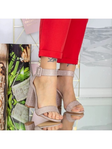 Dominias aranyszinű női magassarkú szandál textil anyagból - Img 3