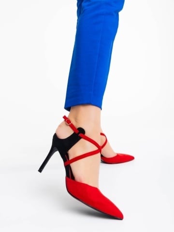 Saleena piros női magassarkú cipő textil anyagból - Img 6
