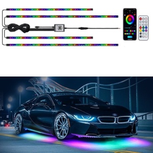 Kit 4 Benzi LED RGB Exterior Auto – Lumini Ambientale Sub Mașină, Control prin Aplicație, Muzică, IP67, 12V