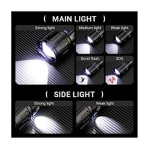 Lanternă profesională cu mai multe moduri de iluminare pentru lumina principală și lumina laterală, potrivită pentru situații diverse.