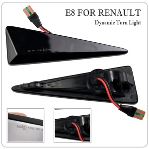 Lampa de semnalizare laterală LED fumurie pentru Renault, cu detalii de construcție, mufă Plug & Play și marcaj E8.