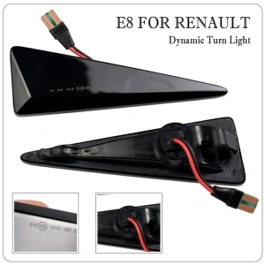Lampa de semnalizare laterală LED fumurie pentru Renault, cu detalii de construcție, mufă Plug & Play și marcaj E8.