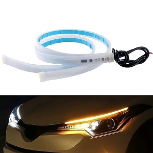 Bandă LED DRL flexibilă pentru montaj în far, cu funcție dublă: lumină de zi albă și semnalizare galbenă secvențială.