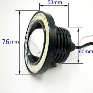 Proiector LED cu lupă și Angel Eyes 76 mm, cu dimensiuni ilustrate pentru verificarea compatibilității la montaj.