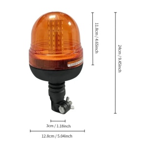 Girofar LED galben 12V-24V cu dimensiuni complete și sistem de prindere pentru montaj pe bară sau suport dedicat.